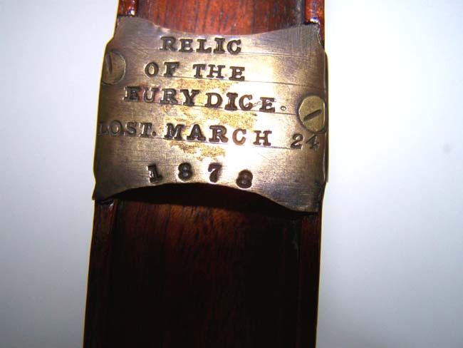 A Wooden 'Memorial' Book with carved Anchor on the front and a carving of the ship 'EURYDICE' on the back. The brass clasp is engraved 'Relic of the Eurydice, Lost March 24, 1878.' — image 3